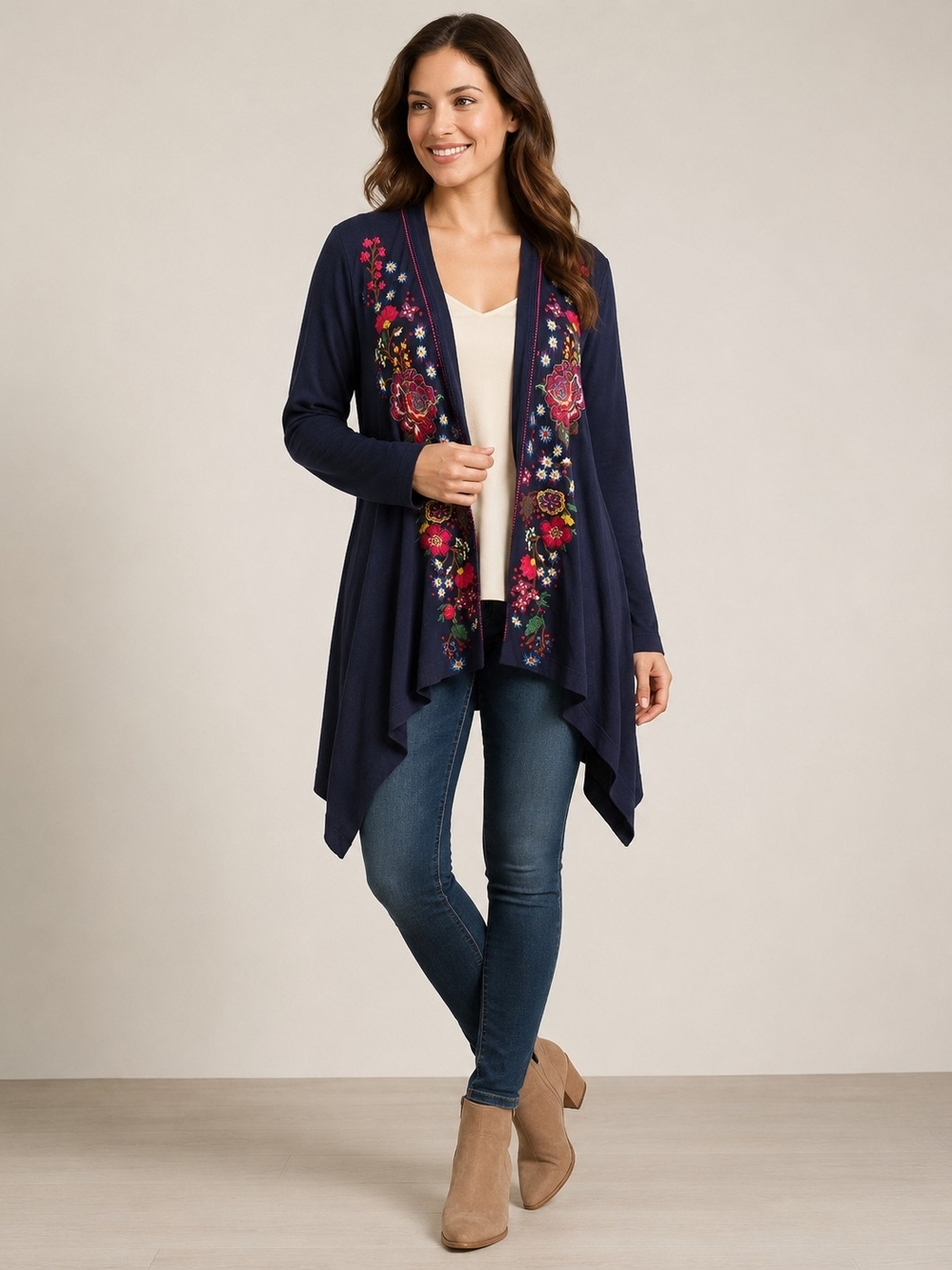 Johnny Was JWLA Navy Floral Embroidered Open Front Cardigan Kimono Large